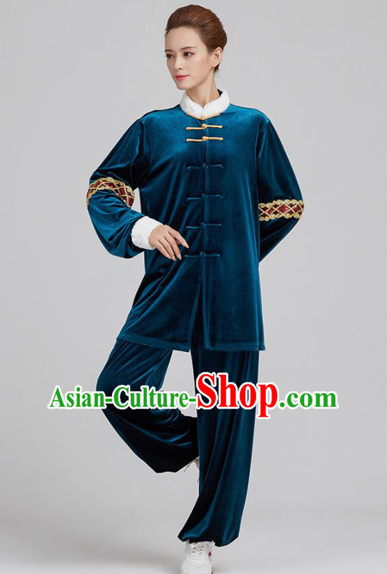 China Kung Fu Costume Tai Chi Clothing Martial Arts Navy Pleuche Uniforms