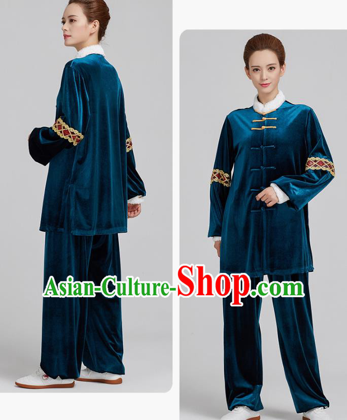 China Kung Fu Costume Tai Chi Clothing Martial Arts Navy Pleuche Uniforms