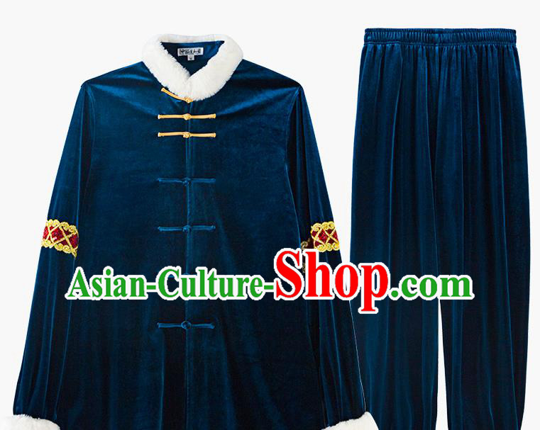 China Kung Fu Costume Tai Chi Clothing Martial Arts Navy Pleuche Uniforms