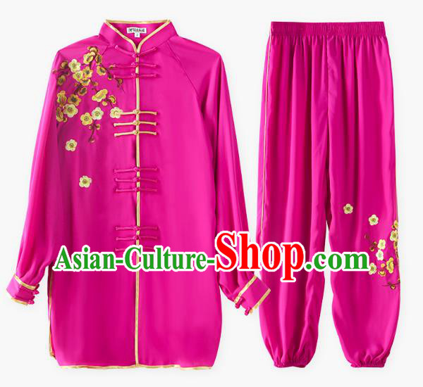 China Tai Chi Training Embroidered Plum Blossom Rosy Uniforms Top Kung Fu Costumes