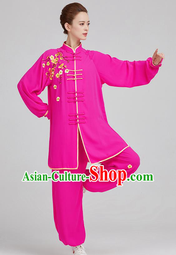 China Tai Chi Training Embroidered Plum Blossom Rosy Uniforms Top Kung Fu Costumes
