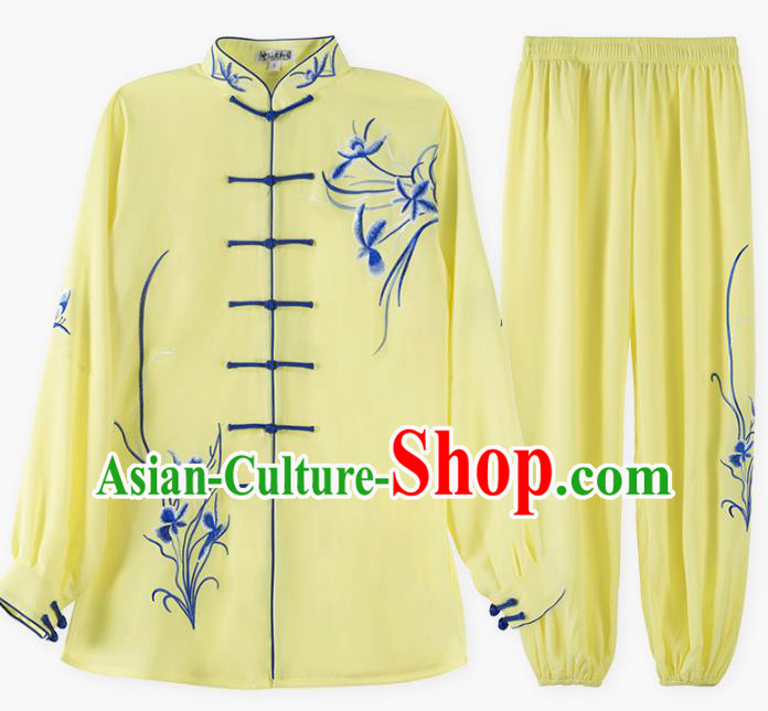 China Top Kung Fu Competition Costumes Tai Chi Training Embroidered Orchids Yellow Uniforms