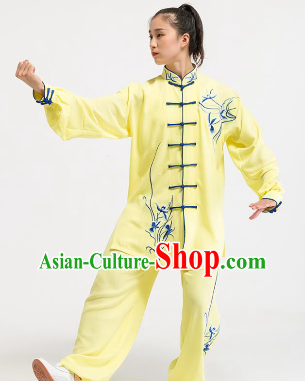 China Top Kung Fu Competition Costumes Tai Chi Training Embroidered Orchids Yellow Uniforms