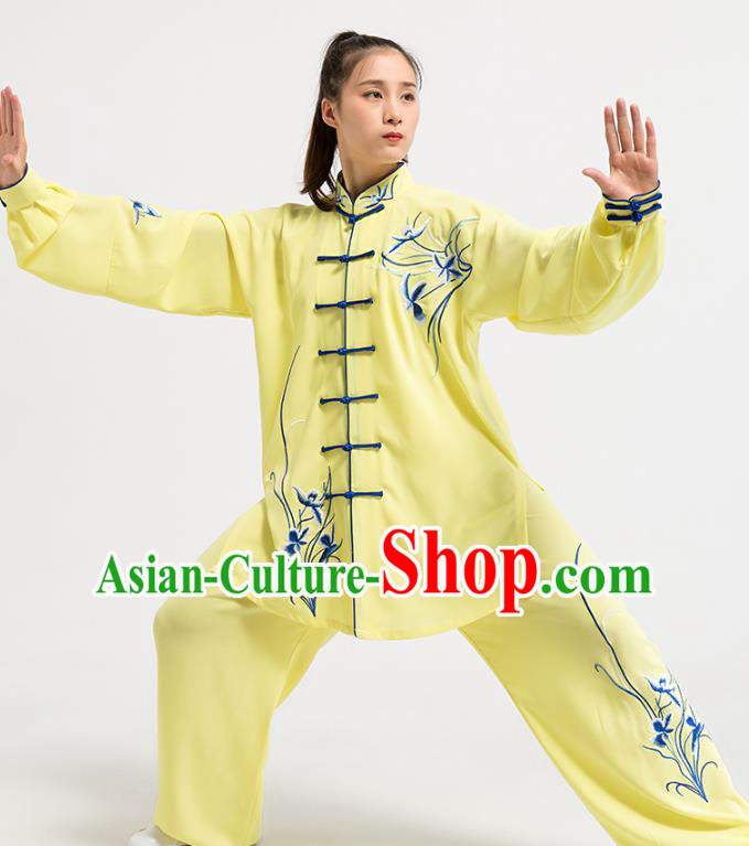 China Top Kung Fu Competition Costumes Tai Chi Training Embroidered Orchids Yellow Uniforms