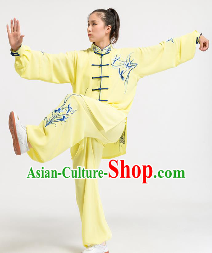 China Top Kung Fu Competition Costumes Tai Chi Training Embroidered Orchids Yellow Uniforms