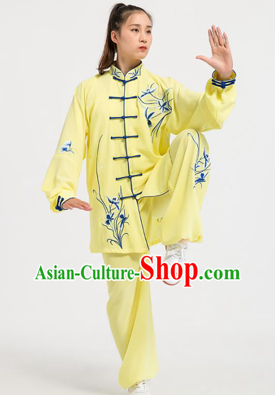 China Top Kung Fu Competition Costumes Tai Chi Training Embroidered Orchids Yellow Uniforms