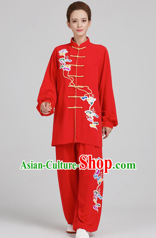 China Traditional Kung Fu Competition Costumes Tai Chi Training Embroidered Clouds Red Uniforms