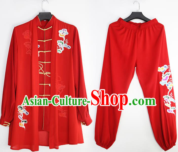 China Traditional Kung Fu Competition Costumes Tai Chi Training Embroidered Clouds Red Uniforms