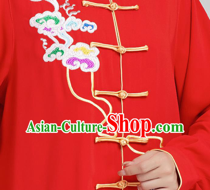 China Traditional Kung Fu Competition Costumes Tai Chi Training Embroidered Clouds Red Uniforms