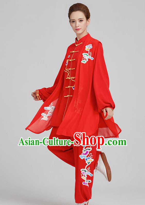 China Traditional Kung Fu Competition Costumes Tai Chi Training Embroidered Clouds Red Uniforms