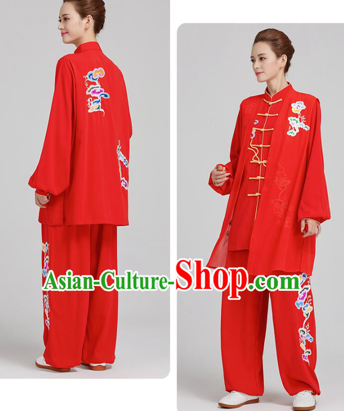 China Traditional Kung Fu Competition Costumes Tai Chi Training Embroidered Clouds Red Uniforms