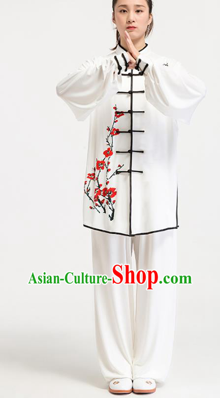China Tai Chi Training Printing Plum Blossom White Uniforms Traditional Kung Fu Competition Costumes