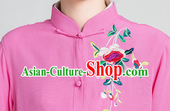 China Tai Chi Training Clothing Traditional Kung Fu Embroidered Rosy Long Gown