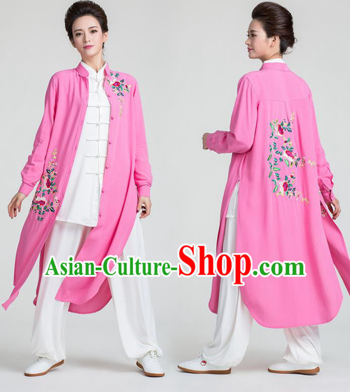 China Tai Chi Training Clothing Traditional Kung Fu Embroidered Rosy Long Gown