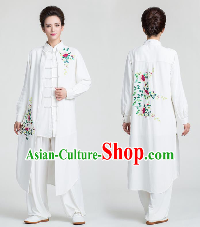 China Traditional Kung Fu Embroidered White Flax Dust Coat Tai Chi Training Clothing