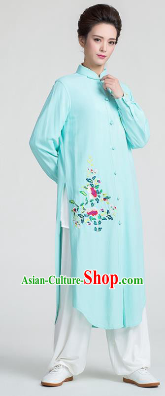 China Traditional Tai Chi Training Clothing Kung Fu Embroidered Light Green Flax Dust Coat