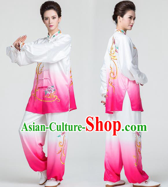 China Traditional Tai Chi Competition Clothing Kung Fu Embroidered Rosy Uniforms