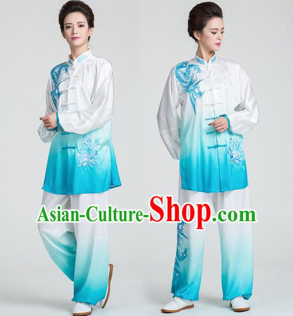 China Kung Fu Embroidered Phoenix Peony Blue Uniforms Traditional Tai Chi Competition Clothing