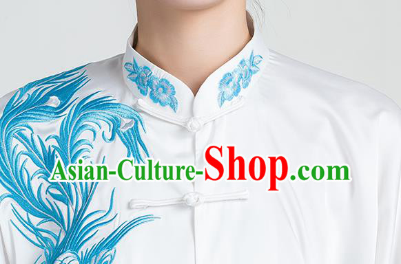 China Kung Fu Embroidered Phoenix Peony Blue Uniforms Traditional Tai Chi Competition Clothing