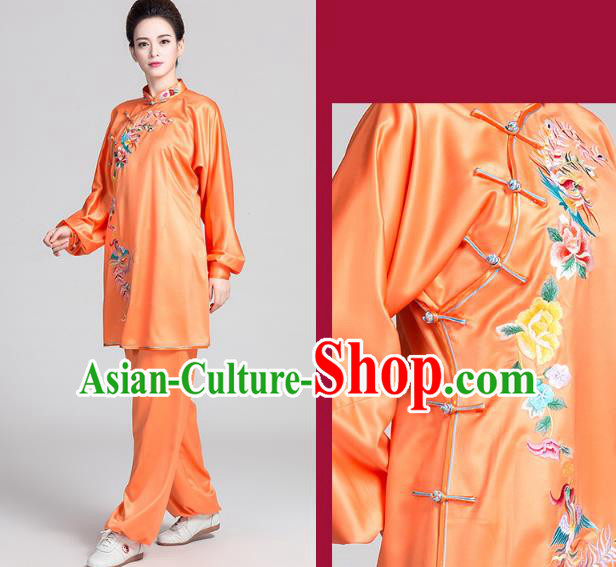 China Traditional Embroidered Phoenix Peony Orange Satin Uniforms Kung Fu Tai Chi Clothing
