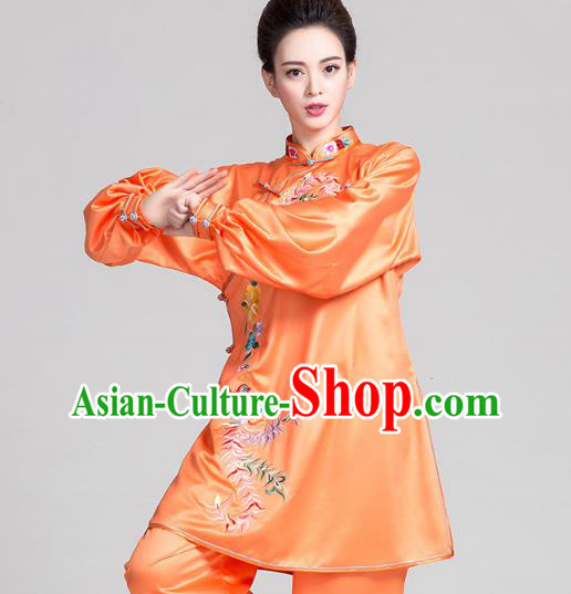 China Traditional Embroidered Phoenix Peony Orange Satin Uniforms Kung Fu Tai Chi Clothing