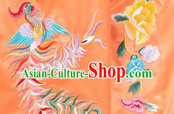 China Traditional Embroidered Phoenix Peony Orange Satin Uniforms Kung Fu Tai Chi Clothing
