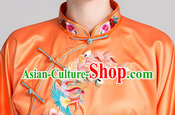 China Traditional Embroidered Phoenix Peony Orange Satin Uniforms Kung Fu Tai Chi Clothing
