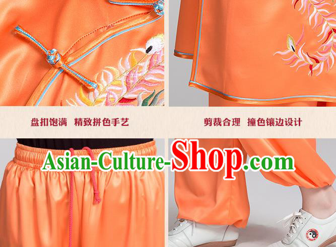 China Traditional Embroidered Phoenix Peony Orange Satin Uniforms Kung Fu Tai Chi Clothing