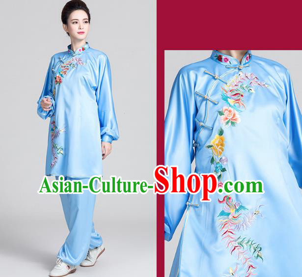 China Best Tai Chi Training Clothing Traditional Embroidered Phoenix Peony Blue Satin Uniforms