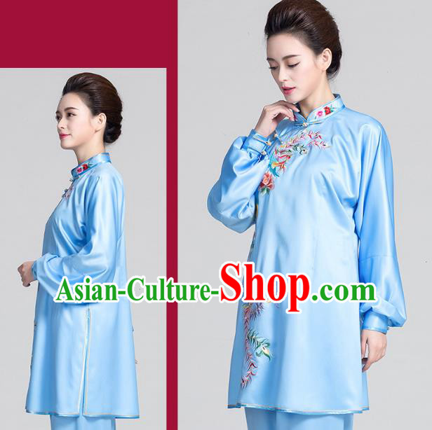 China Best Tai Chi Training Clothing Traditional Embroidered Phoenix Peony Blue Satin Uniforms