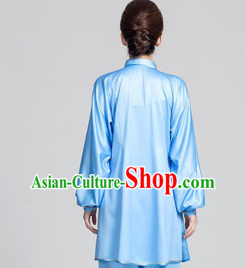 China Best Tai Chi Training Clothing Traditional Embroidered Phoenix Peony Blue Satin Uniforms