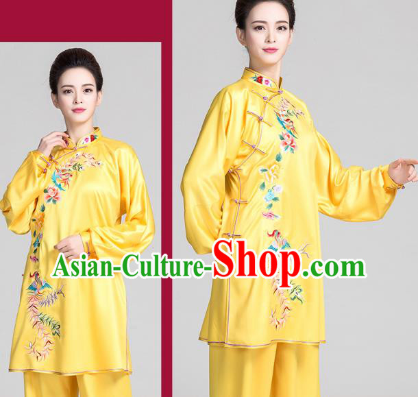 China Tai Chi Exercise Clothing Traditional Martial Arts Embroidered Phoenix Peony Yellow Satin Uniforms
