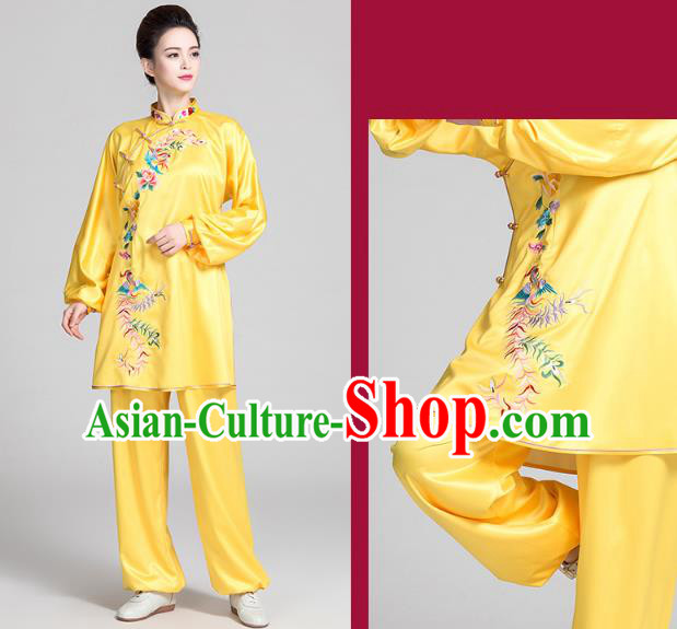 China Tai Chi Exercise Clothing Traditional Martial Arts Embroidered Phoenix Peony Yellow Satin Uniforms