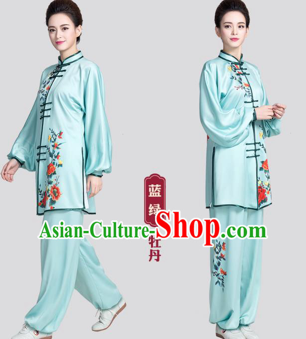 China Martial Arts Clothing Traditional Tai Chi Printing Peony Light Blue Satin Uniforms