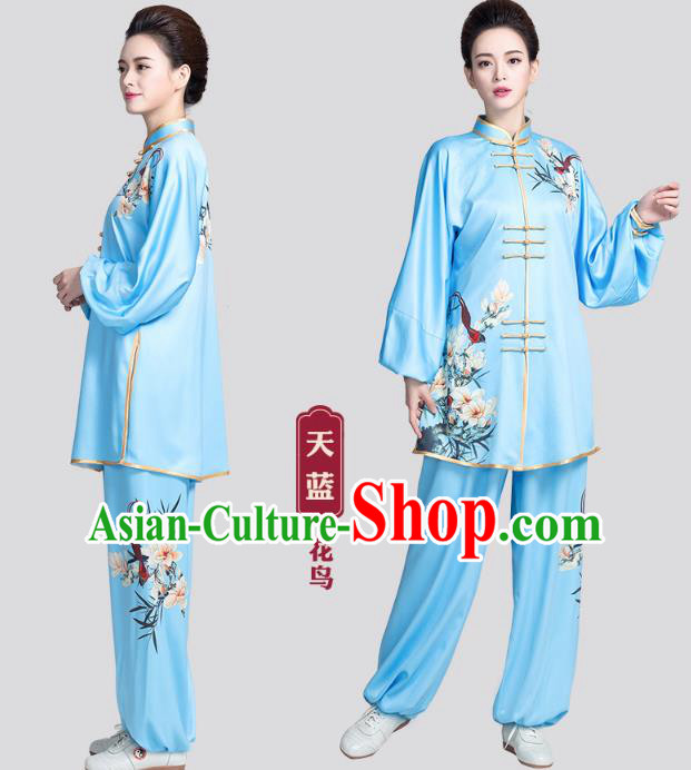 China Kung Fu Competition Clothing Traditional Tai Chi Printing Mangnolia Blue Satin Uniforms
