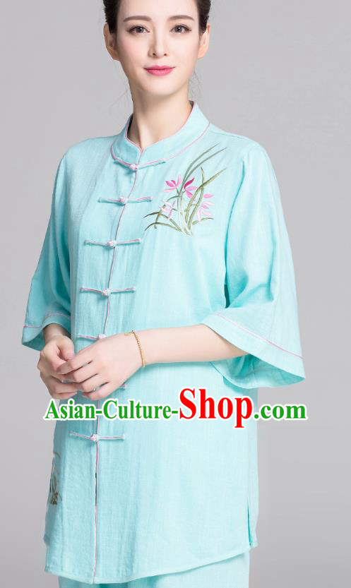 China Kung Fu Competition Clothing Traditional Embroidered Orchids Light Green Flax Uniforms
