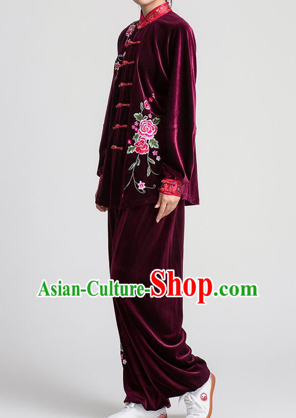 China Winter Tai Chi Training Clothing Traditional Embroidered Peony Wine Red Pleuche Uniforms