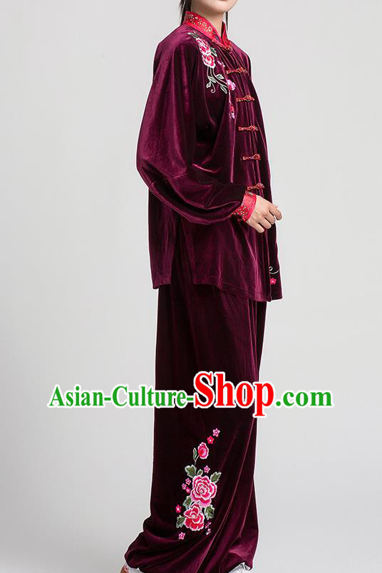 China Winter Tai Chi Training Clothing Traditional Embroidered Peony Wine Red Pleuche Uniforms