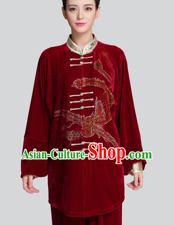 China Martial Arts Clothing Traditional Diamante Phoenix Red Pleuche Uniforms