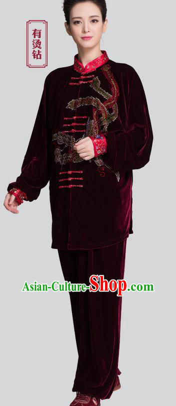 China Traditional Diamante Phoenix Purplish Red Pleuche Uniforms Martial Arts Clothing