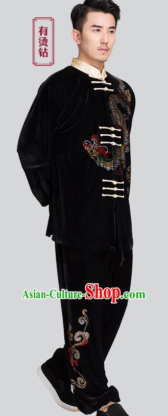 Chinese Men Kung Fu Uniforms Traditional Tai Chi Black Pleuche Costumes