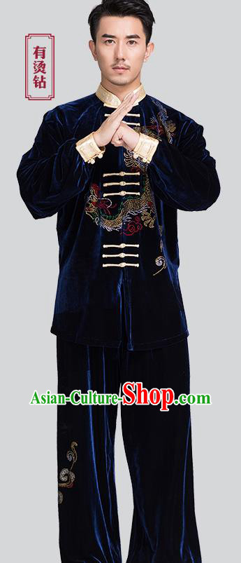 Chinese Traditional Tai Chi Navy Pleuche Costumes Men Kung Fu Uniforms