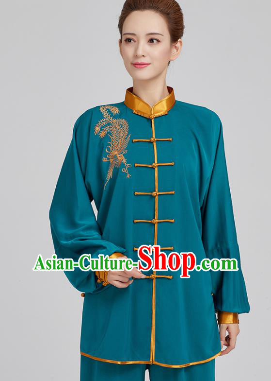 China Top Kung Fu Costumes Embroidered Tai Chi Training Blue Uniforms