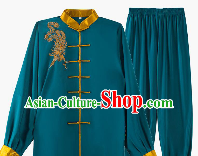 China Top Kung Fu Costumes Embroidered Tai Chi Training Blue Uniforms
