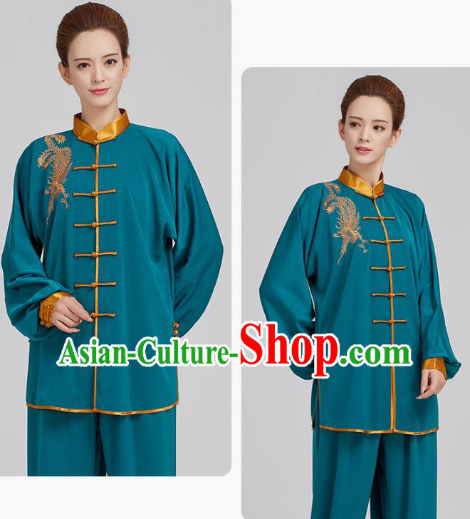 China Top Kung Fu Costumes Embroidered Tai Chi Training Blue Uniforms