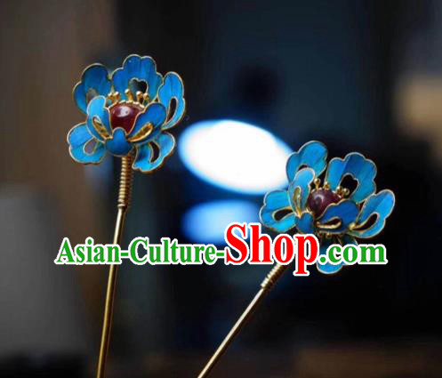 Chinese Handmade Peony Hairpin Traditional Hair Jewelry Ancient Ming Dynasty Court Woman Ruby Hair Stick