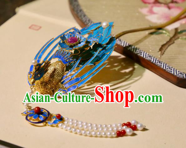 Chinese Handmade Peals Tassel Hairpin Traditional Hair Jewelry Ancient Ming Dynasty Court Woman Filigree Phoenix Hair Crown