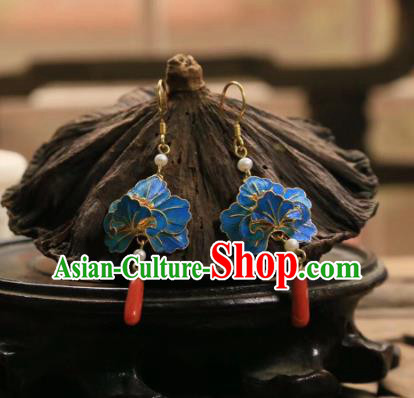 Handmade Chinese Blue Peony Ear Accessories Traditional Culture Jewelry Cheongsam Agate Earrings
