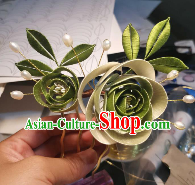 Chinese Ancient Song Dynasty Princess Green Silk Rose Hair Comb Handmade Hairpin Traditional Hair Jewelry