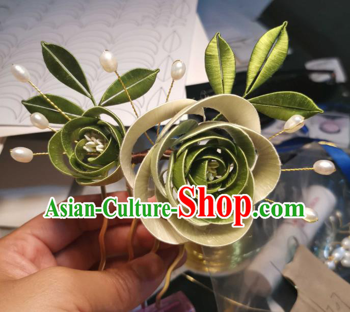 Chinese Ancient Song Dynasty Princess Green Silk Rose Hair Comb Handmade Hairpin Traditional Hair Jewelry